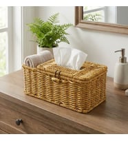 Bölmeli Kapaklı Doğal Rattan Görünümlü Hasır Makyaj, Takı ve Havlu Düzenleyici – Peçetelikli Çok Amaçlı Masaüstü Organizer Sepet (5680)