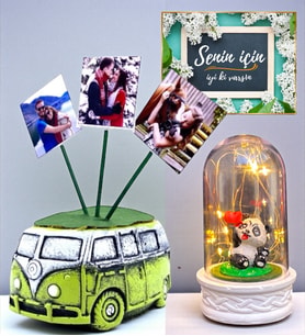 Kişiye Özel Hediye Seti 3 Fotoğraflı Yeşil Vosvos Saksı ve Led Işıklı Fanus (Model 4)