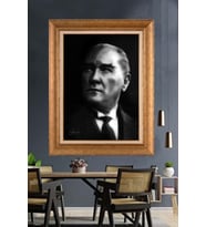 Altın Varaklı Çerçeveli Paspartulu Atatürk Tablo nh217 (Gold)