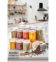 Resimli 12'li Akrilik Vakumlu Kare Baharatlık Seti, 300 ml, Sızdırmaz