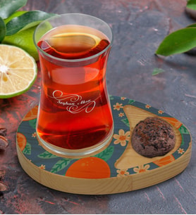 BK Gift Kişiye Özel Portakal Tasarımlı Doğal Ahşap Tabaklı Heybeli Çay Bardağı Sunum Seti Model 1