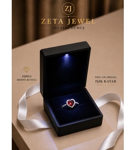 Zeta Jewel 925 Ayar Gümüş Yakut Kırmızısı Taşlı Kalpli Yüzük- Sevgiliye Hediye, Işıklı Özel Kutulu