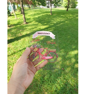 Bisiklet Desenli Şeffaf Pvc Davetiye(10 adet)