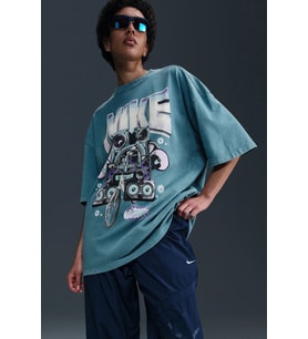Nike Sportswear Oversize SS Womens Tee Grafik Baskılı Bol Kesim Kadın Tişört Mavi