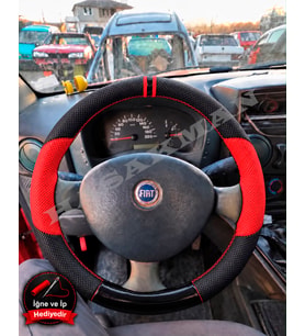 Fiat Marea Dikme Direksiyon Kılıfı Parlak Siyah Kırmızı Detaylı Kırmızı Çift Yüzük ve Dikiş 2002-2007