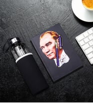 Kişiye Özel Lacivert Dolma Kalem & Mustafa Kemal Atatürk Resimli Defter & Özel Kılıflı 500Ml Cam Matara Hediye Seti
