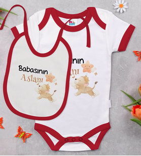 BK Kids Babasının Aslanı Tasarımlı Kırmızı Bebek Body Zıbın ve Mama Önlüğü Hediye Seti-1
