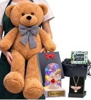 Kahve Büyük Boy Peluş Ayıcık, Size Özel Renkli Işıklı Fanus ve Anka Kuşu Kolye (Model 8)