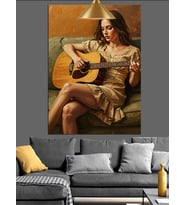 Oturmuş Gitar Çalan Kadın Dekoratif Kanvas - Mdf Ahşap Tablo