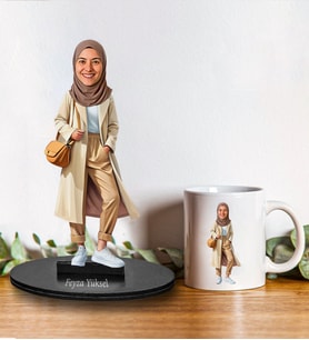 Kişiye Özel Tesettürlü Kadın Arkadaş Tasarımlı Karikatür Biblo Ve Kupa Hediye Seti 261