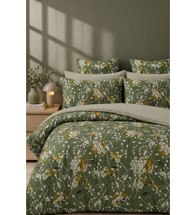 More Home Çift Kişilik Nevresim Takımı Lastikli Çarşaflı Yeşil Beyaz Floral