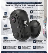 4G Kablosuz Şarjlı Pır Sensörlü Kamera 4-6 Ay Bekleme Süresi (Siyah Beyaz)