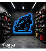 Destina Ahşap Motosiklet Temalı Led Tablo- Kişiselleştirilebilir. (Mavi)
