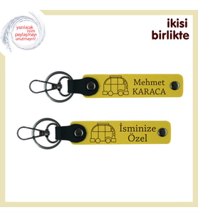 Yolda Geçen Aşklara Özel, Kişisel Karavan Figürlü Deri Anahtarlık Set, İsim Yazılabilir, Sarı-Sarı