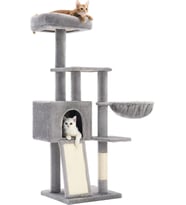 FEANDREA Tırmalama Ağacı, 135 cm Küçük Kedi Ağacı, Çok Katlı Pelüş Kedi Tırmalama Ağacı, Yıkanabilir, Çıkarılabilir Oturma Çubuğu, Kazıma Sapı, Sepet, Mağara, Açık Gri Teşhir