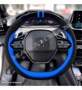 Peugeot 2008 Dikme Direksiyon Kılıfı Parlak Siyah Mavi Detaylı Mavi Çift Yüzük ve Dikiş 2019-2024