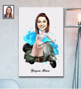 Kişiye Özel Vespa Motorcu Bayan Karikatürlü Ahşap Tablo 30x47  Mod-1
