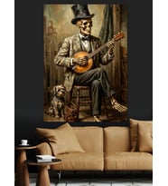 Gitar Çalan Şık İskelet Sanatçısı Dekoratif Kanvas - Mdf Ahşap Tablo