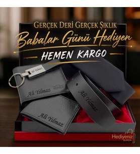 Hızlı Kargo İsme Özel Lüks Erkek Hediye Seti - Hakiki Deri Kemer, Cüzdan, Kartlık, Anahtarlık, Kravat - Sevgiliye Eşe Babaya Arkadaşa Lüks Hediye