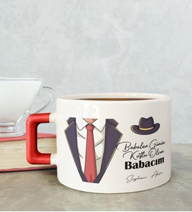 BK Gift Kişiye Özel Babalar Günü Tasarımlı Kırmızı Kulplu Çay & Kahve Fincanı-4, Babaya Hediye, Babalar Günü Hediyesi