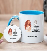 Kişiye Özel Az Önce Aşık Oldum Tasarım Esprili Mavi Kupa Bardak ve Anahtarlık