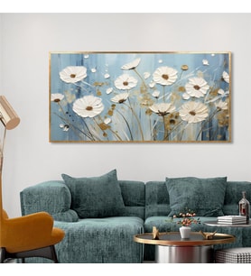 Yağlı Boya Dokulu Tablo Mavi Fonda Beyaz Modern Çiçekler Altın Çerçeveli U02037