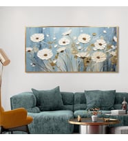Yağlı Boya Dokulu Tablo Mavi Fonda Beyaz Modern Çiçekler Altın Çerçeveli U02037