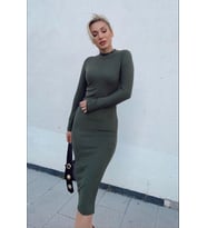 Kadın Yarım Balıkçı Yaka Süet Kumaş Fırsat ürün Midi Boy Elbise (Haki)