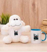 Kişiye Özel İnstagram Tasarım Fotoğraflı Peluş Koyun ve Mavi Kupa