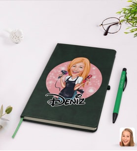 BK Gift Kişiye Özel Kadın Kuaför Karikatürlü Yeşil Termo Deri Defter Kalem Seti Model 3