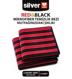 Luxury Serisi 2’li Mikrofiber Temizlik Bezi 40x40 cm Kırmızı Siyah Çizgili Süper Emici İz Bırakmaz
