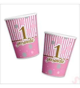 1 Yaşında Karton Bardak, 8 Adet - Pembe