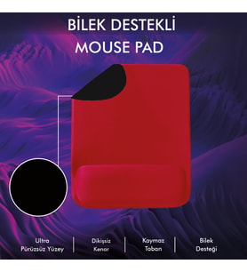 MP02 - Dörtgen Bilek Destekli Mouse Pad  Konfor, Kaymaz Taban, Ergonomik, Yumuşak, Ev,Ofis (Kırmızı)
