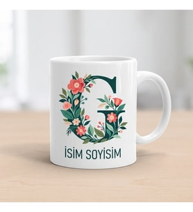 Kişiye Özel Baş Harf ve İsim Yazılı Çiçek Motiflili G Harfli Seramik Kupa Bardak
