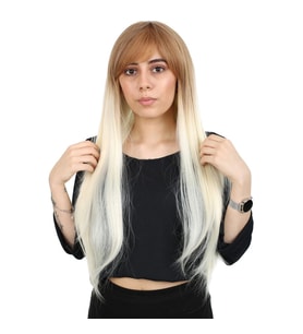 Fiber Sen Uzun Düz Kahküllü Peruk / Balköpüğü / Platin Ombreli