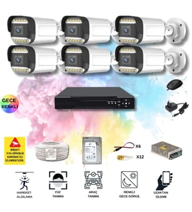 6 Kameralı Set - Yapay Zeka Özellikli Gece Renkli Gösteren 5MP SONY Lensli 12 Warm Ledli FULLHD Güvenlik Kamerası Seti 312W-108