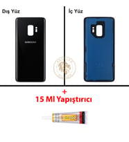 Samsung Galaxy S9 Siyah Renk Arka Kapak + B7000 Yapıştırıcı Arka Cam Batarya Kapağı Pil Kapağı Lazer Kesim Back Cover Galaxy S9 Uyumlu
