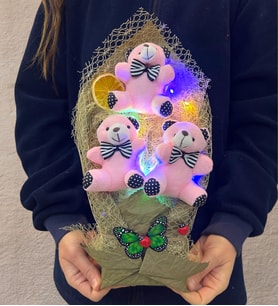 Renkli Led Işıklı Özel Pembe Ayıcıklı Büyük Boy Peluş Ayıcık Buketi (Model 1)