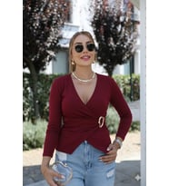 Kadın Uzun Kollu Kruvaze Yakalı Toka Detaylı Viskon Bluz (Bordo)