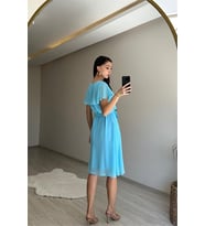 Neşeli butik kadın v yaka kuşaklı mini şifon elbise NM007 (Bebe Mavisi)