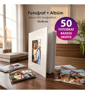13x18 Fotoğraf Albümü - 50 Fotoğraf Baskısı Hediye-  100 Fotoğraf Kapasiteli (Beyaz)