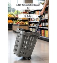5 Adet - 43 LT Tekerlekli Market Sepeti Plastik Alışveriş Sepeti Ergonomik Çift Saplı Gri