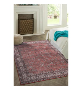 Kiremit Bordo Eskitme Çiçekli Salon Halısı Pamuk-Polyester Karışım Dijital Baskı