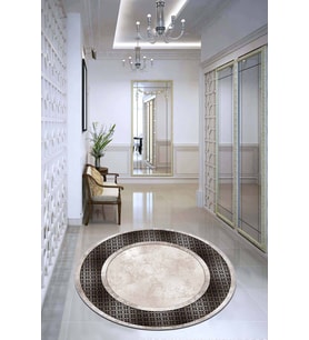 Bej Çerçeveli Kaymaz Tabanlı Yıkanabilir Yuvarlak Halı AR989 - 100 x 100 cm