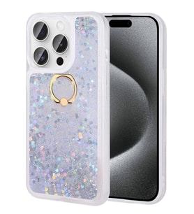 iPhone 15 Pro Max Kılıf Sıvılı Simli Pullu Yüzüklü Standlı Lüx Silikon (Gümüş)