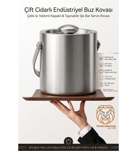 Çift Cidarlı Isı Yalıtımlı Kapaklı Mini Buz Termosu Profesyonel 304 Paslanmaz Çelik 12x12 cm Taşınabilir Şık Bar Servis Kovası 723390