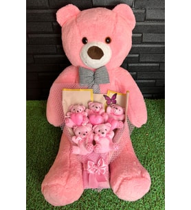 Kız Arkadaşa Hediye Kelebek Süslemeli Kalpli Ayıcık Buketi ve 80 cm Pembe Ayıcık