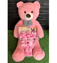 Kız Arkadaşa Hediye Kelebek Süslemeli Kalpli Ayıcık Buketi ve 80 cm Pembe Ayıcık
