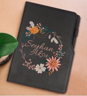BK Gift Kişiye Özel Çiçek Tasarımlı Siyah Termo Deri Not Defteri 15x21cm-20