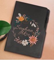 BK Gift Kişiye Özel Çiçek Tasarımlı Siyah Termo Deri Not Defteri 15x21cm-20